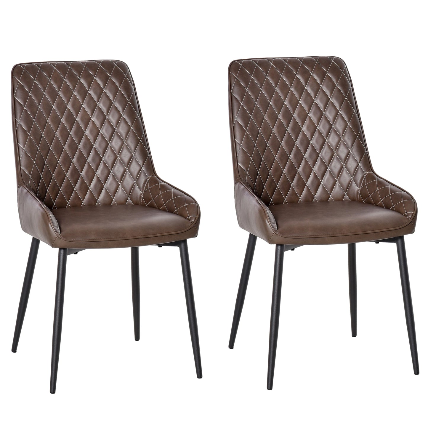 Retro Dining Chair Set of 2, PU Leather Upholstered Side Chairs for Kitchen Living Room with Metal Legs, Brown