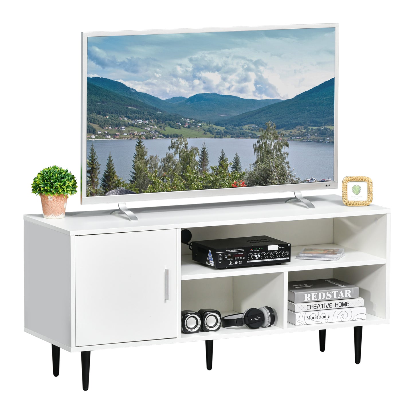 Modern TV Stand Cabinet with Storage Shelf, Cable Hole, Home Entertainment Unit Center, for Living Room Bedroom, White