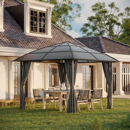 Outsunny 10' x 10' Outdoor Gazebo Canopy, Hardtop Gazebo with UV60+ Polycarbonate Roof, Solid Steel Frame, Central Hook, and Curtains, for Garden, Lawn, Backyard and Deck