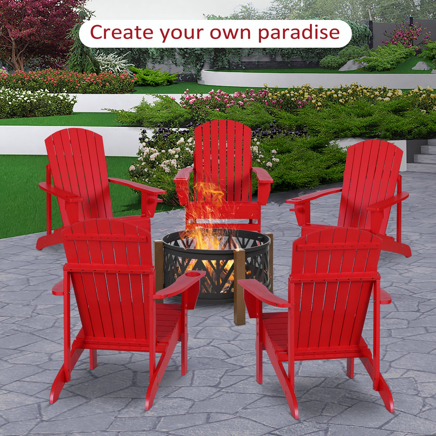 Outsunny Classic Adirondack Chair, Muskoka Chairs, Garden Deck Chair with Cup Holder for Patio, Indoor, Backyard, Red