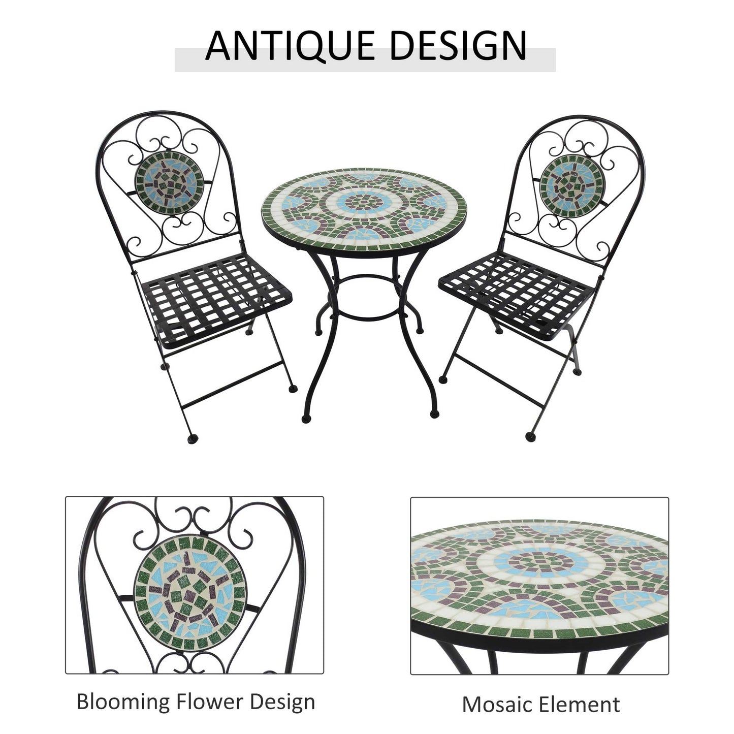 Outsunny 3 Piece Patio Bistro Set with Mosaic Design, Outdoor Dining Furniture Set for 2 with Folding Chairs, Green