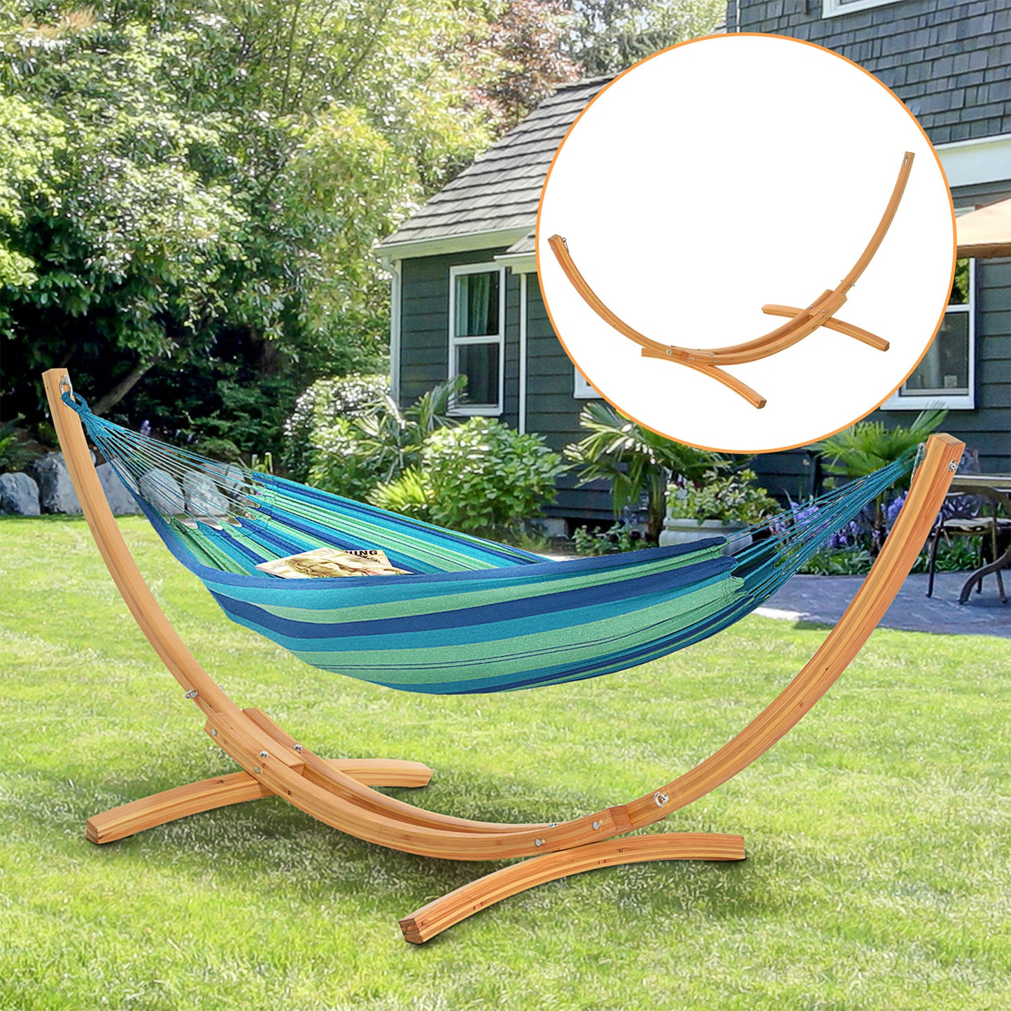 11' Wooden Hammock Stand Universal Garden Picnic Camp Accessories, Curved Arc Design Stand, 264lbs Capacity