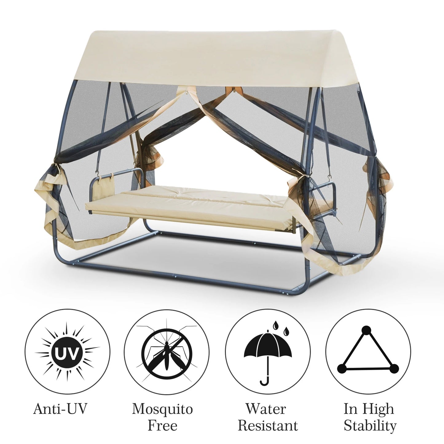 Outsunny 3 Seater Swing Chair Lounge Garden Hammock Bed Sun Shelter with Canopy and Mesh Screen