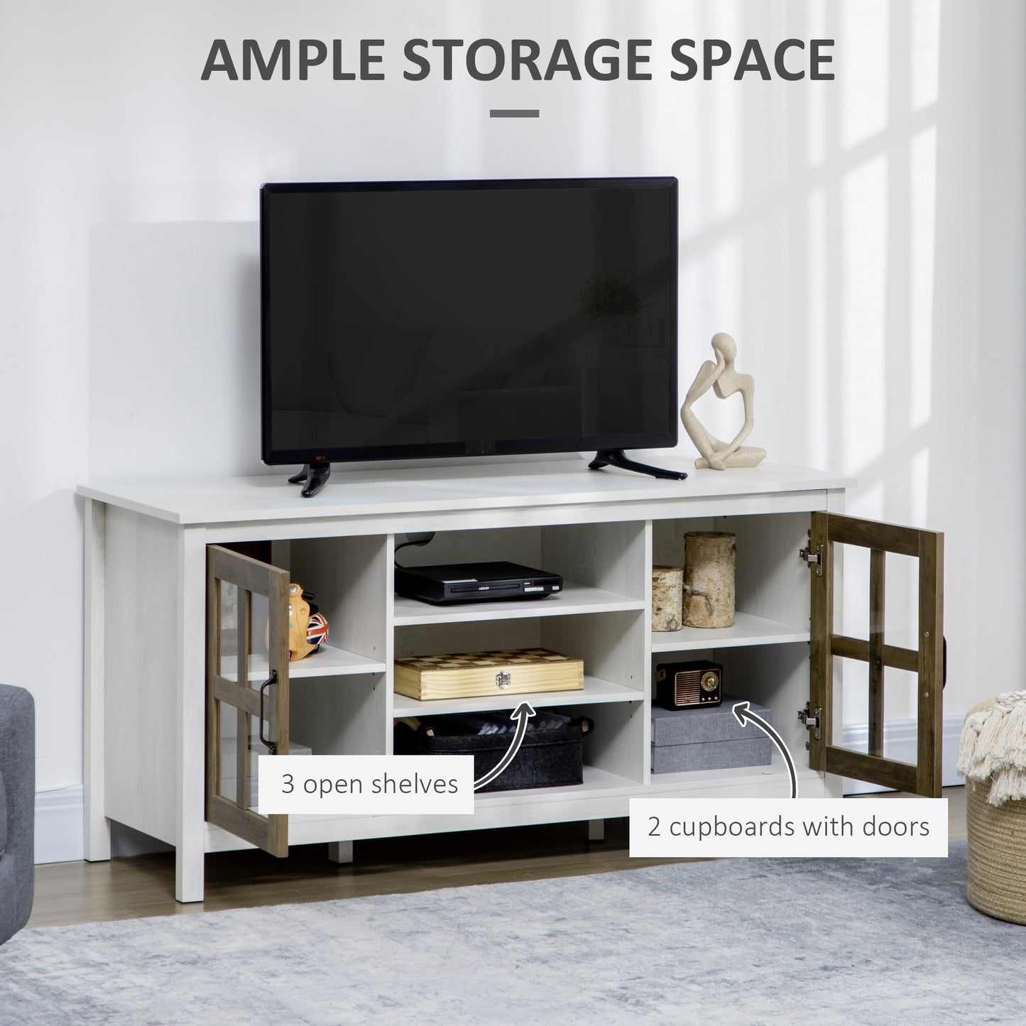 TV Stand Cabinet for TVs up to 55 Inches, Entertainment Center with Ajustable Shelves and Doors for Living Room, White