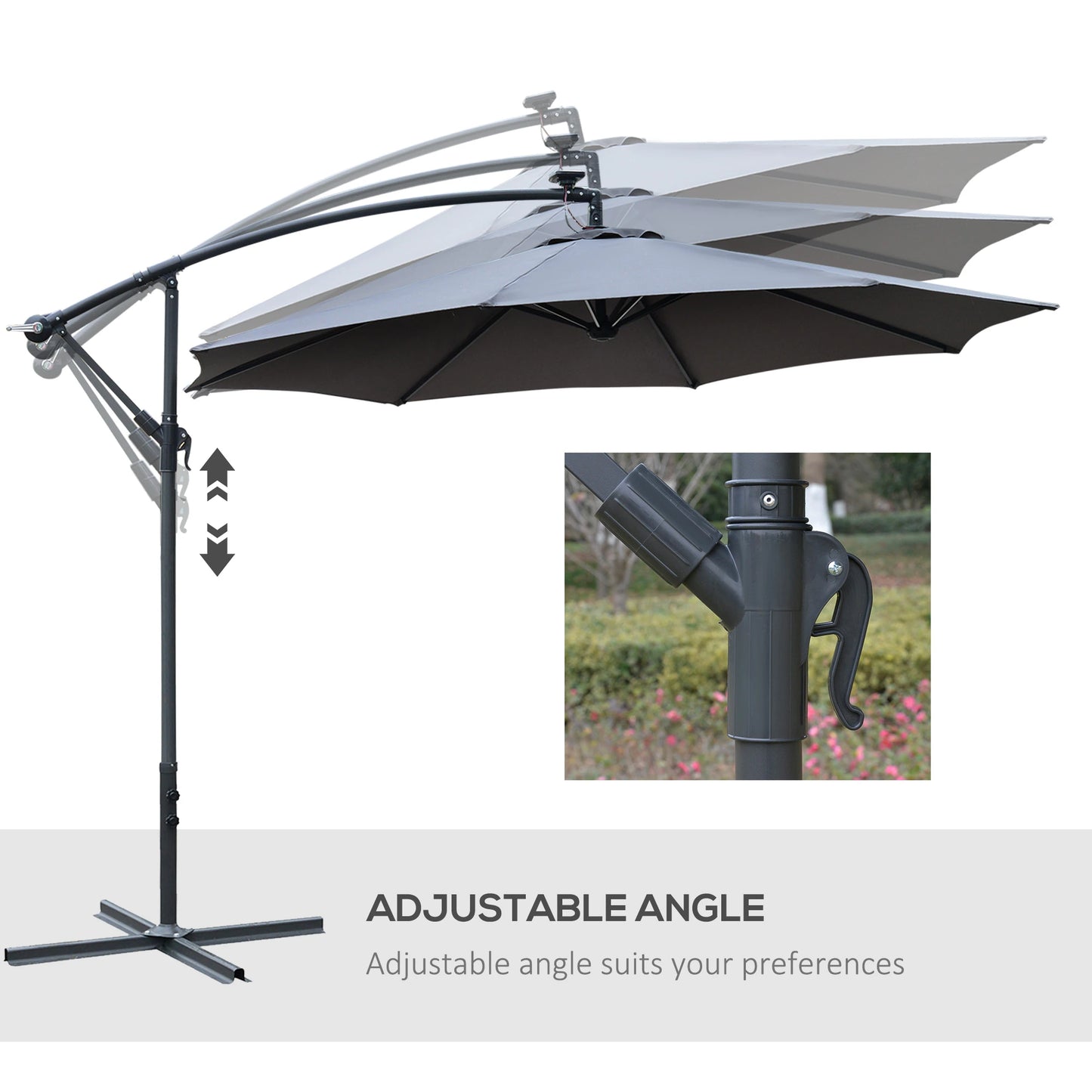 Outsunny 10ft Cantilever Solar Hanging Offset Umbrella LED Lights Market Parasol Crank w/Cross Base Grey