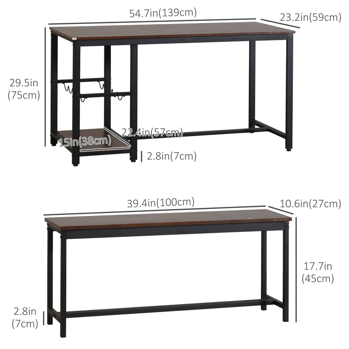 3-Piece Dining Table Set for 4 People, Rectangular Space-Saving Dinner Table with Two Benches, 5-Bottle Wine Rack, and Storage Shelf, Rustic Brown