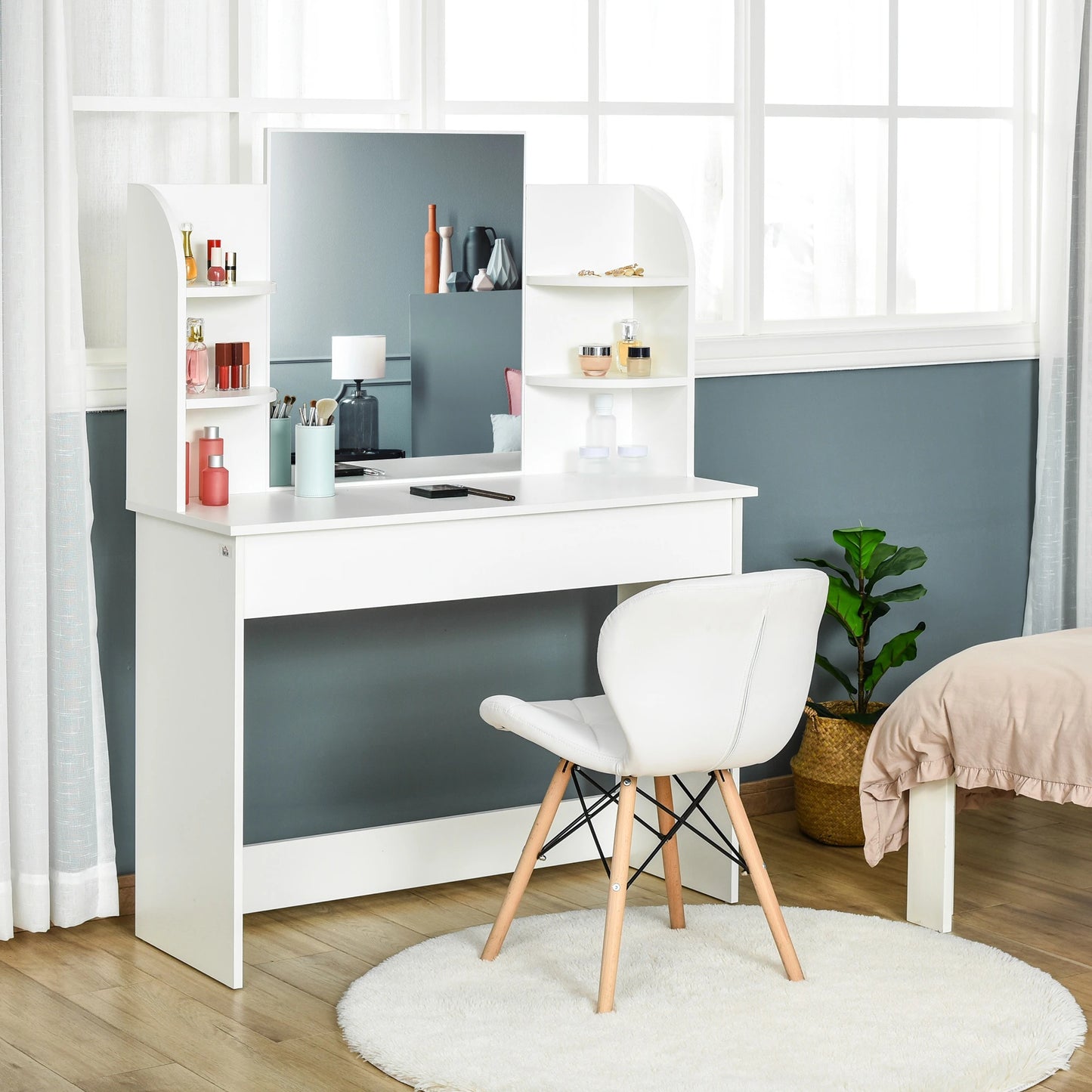 Vanity Table Wood Dressing Table w/ Makeup Mirror, Big Drawers, Open Shelf for Bedroom White