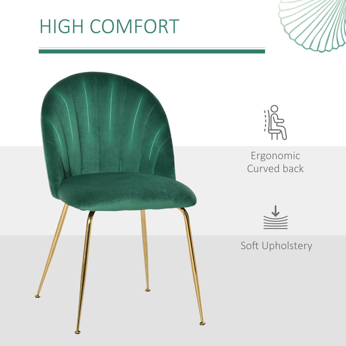 Modern Dining Chair Set of 2, Accent Chair Leisure Accent Chair with Gold Metal Legs and Velvet-Touch Fabric for Living Room, Green