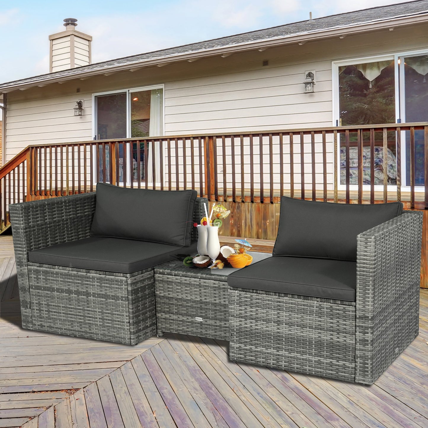 Outsunny 3 Pieces Patio PE Rattan Bistro Set Cushioned Armchair Sofa and Coffee Table Outdoor Furniture