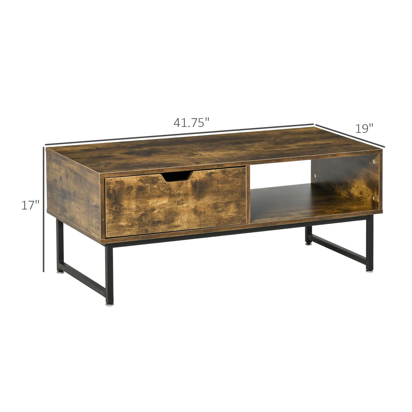 Industrial Coffee Table, Center Table with Drawer and Open Storage Compartment, Steel Legs, for Living Room, Rustic Brown