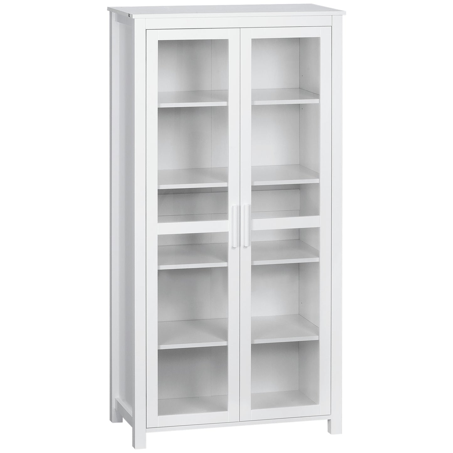 Freestanding Kitchen Pantry, 5-tier Storage Cabinet with Adjustable Shelves and 2 Glass Doors for Living Room, Dining Room, White