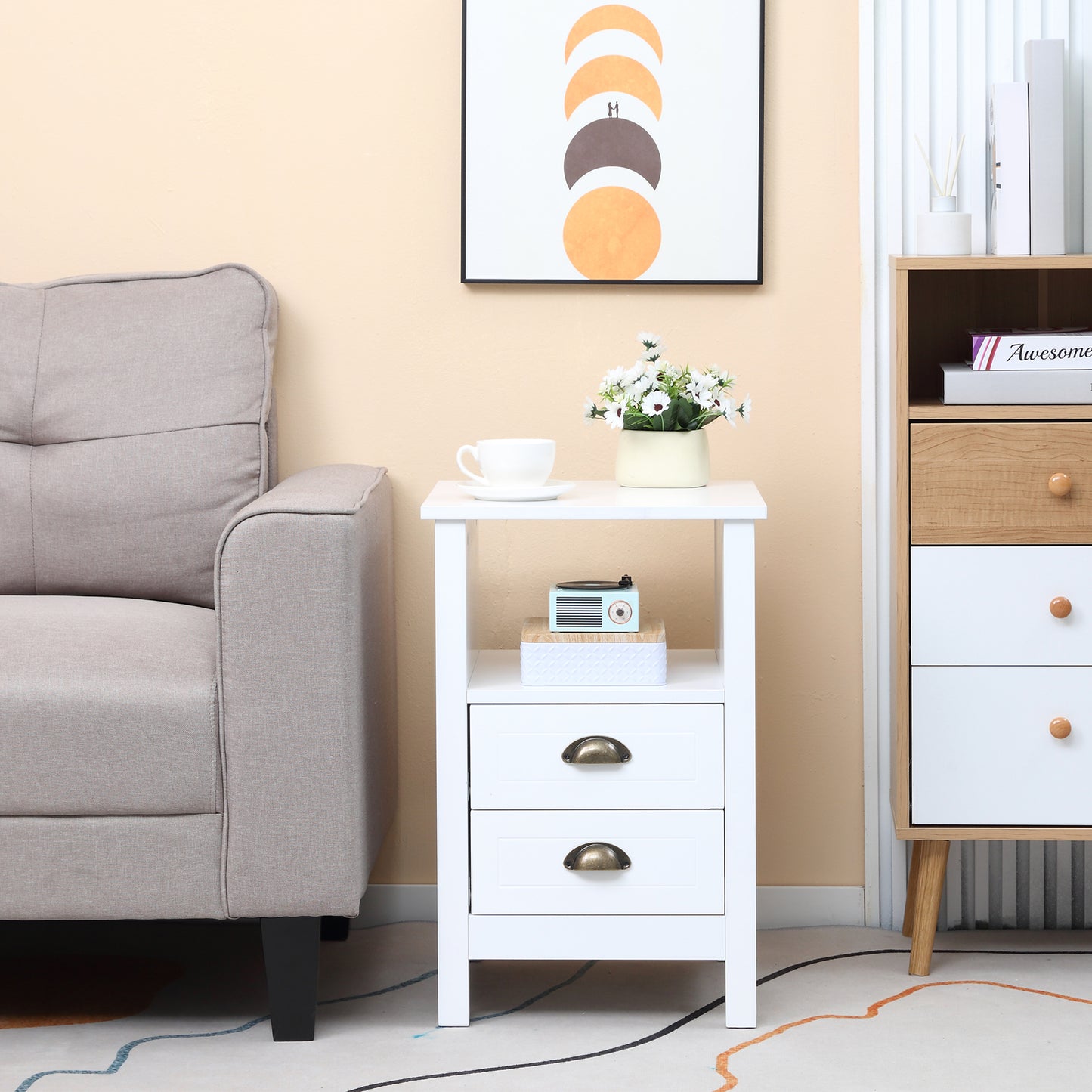 Modern End Table with 2 Drawers and Storage Shelf, Accent Sofa Side Table for Living Room, White