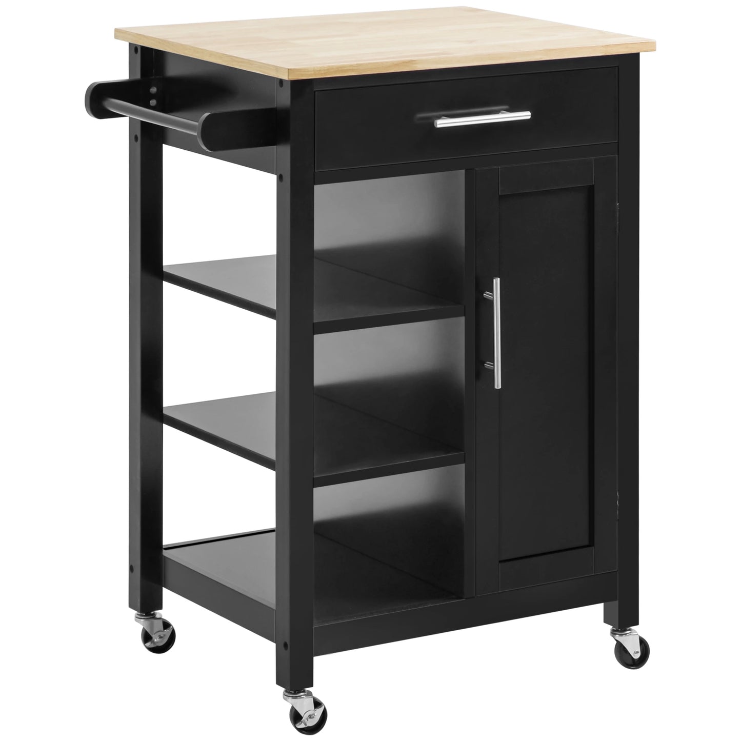 Kitchen Island, Compact Kitchen Cart on Wheels with Open Shelf & Storage Drawer for Dining Room, Kitchen, Black