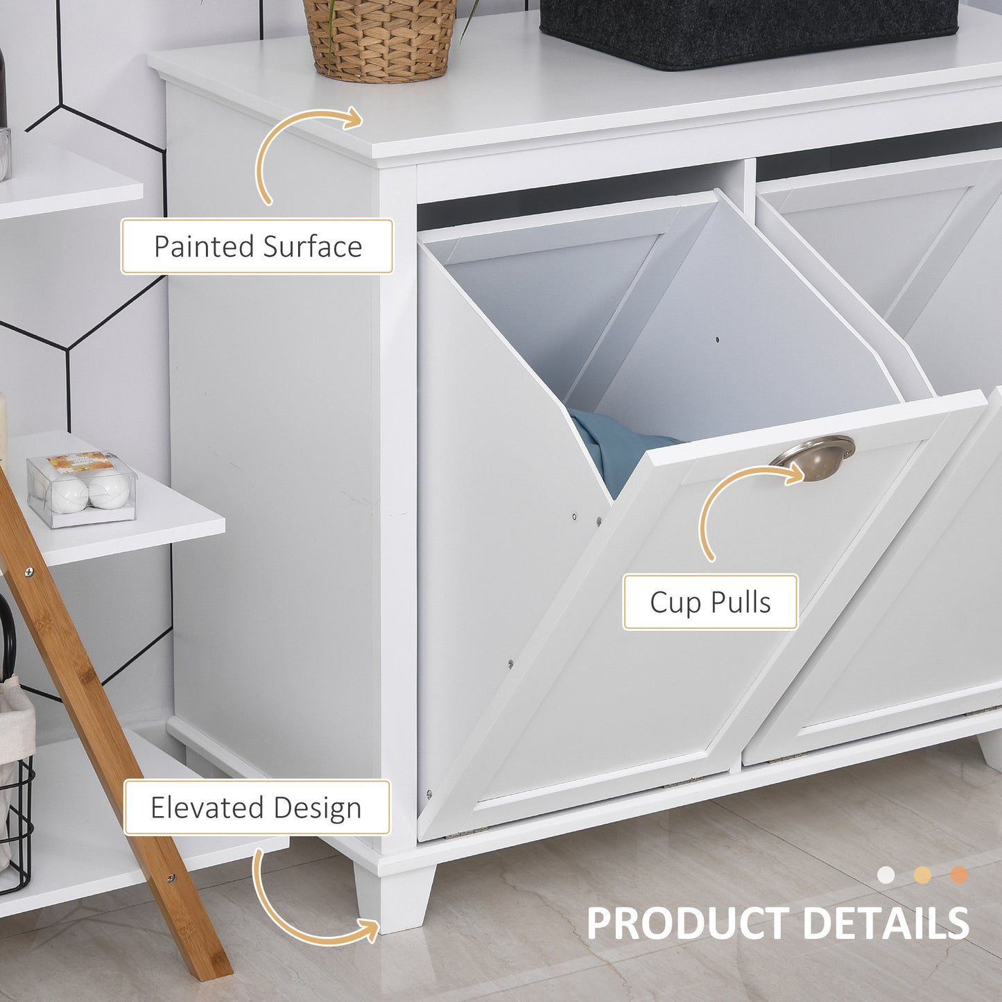 Tilt-out Laundry Storage Cabinet, Bathroom Storage Organizer with Two-Compartment Tilt Out Hamper, White