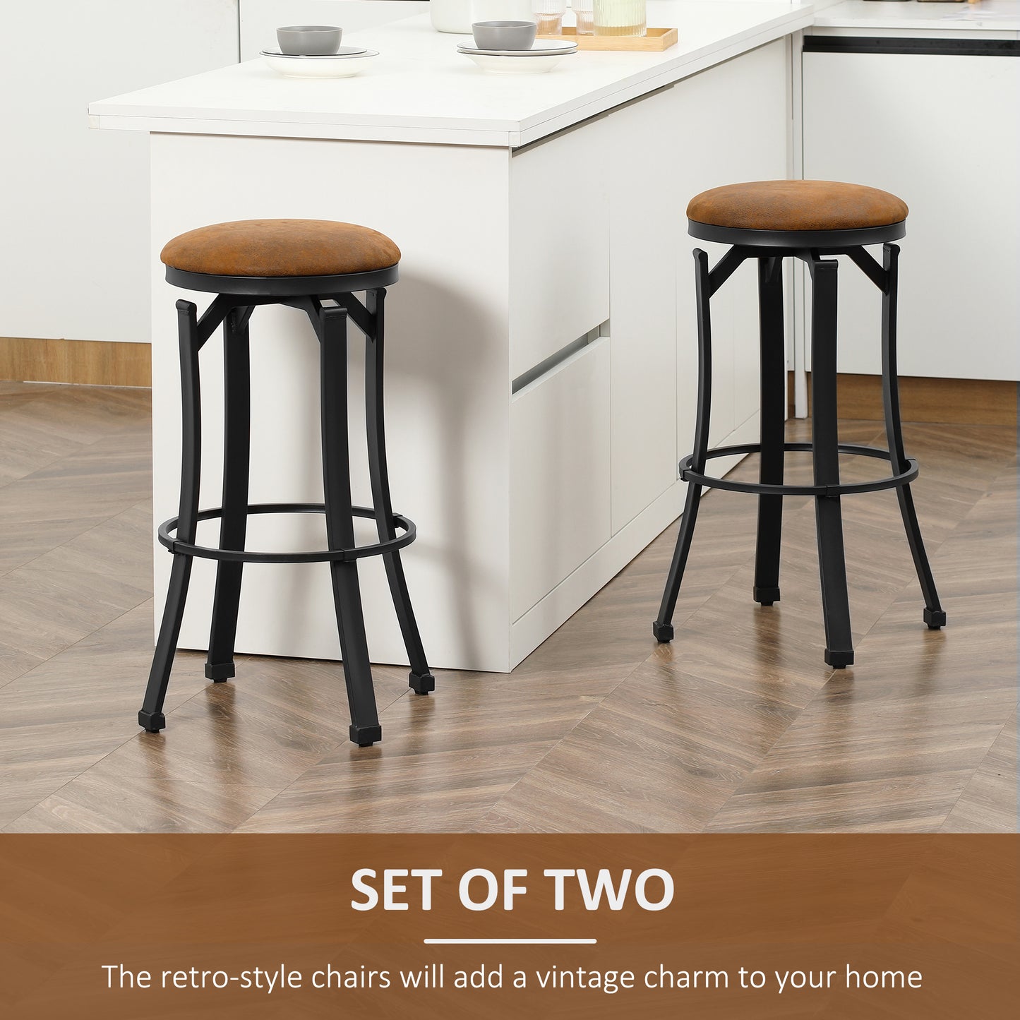 Bar Stools Set of 2, Vintage Barstools with Footrest, Microfiber Cloth Bar Chairs with Powder-coated Steel Legs for Kitchen and Dining Room, Brown