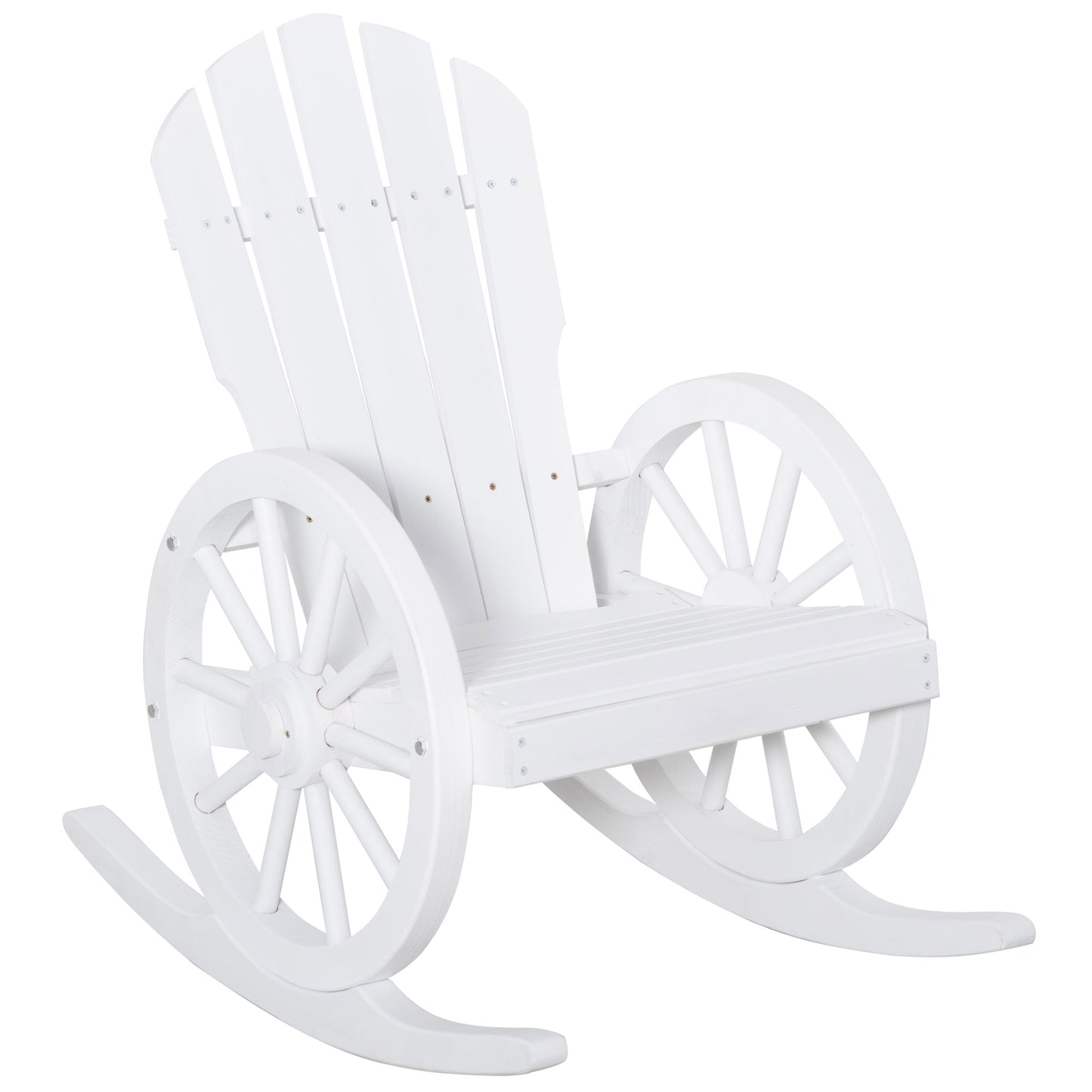 Patio Wooden Adirondack Rocking Chair, Wagon Outdoor Rocker Cahir with Slatted Design and Wheel Armrests for Porch, Poolside, or Garden Lounging, White