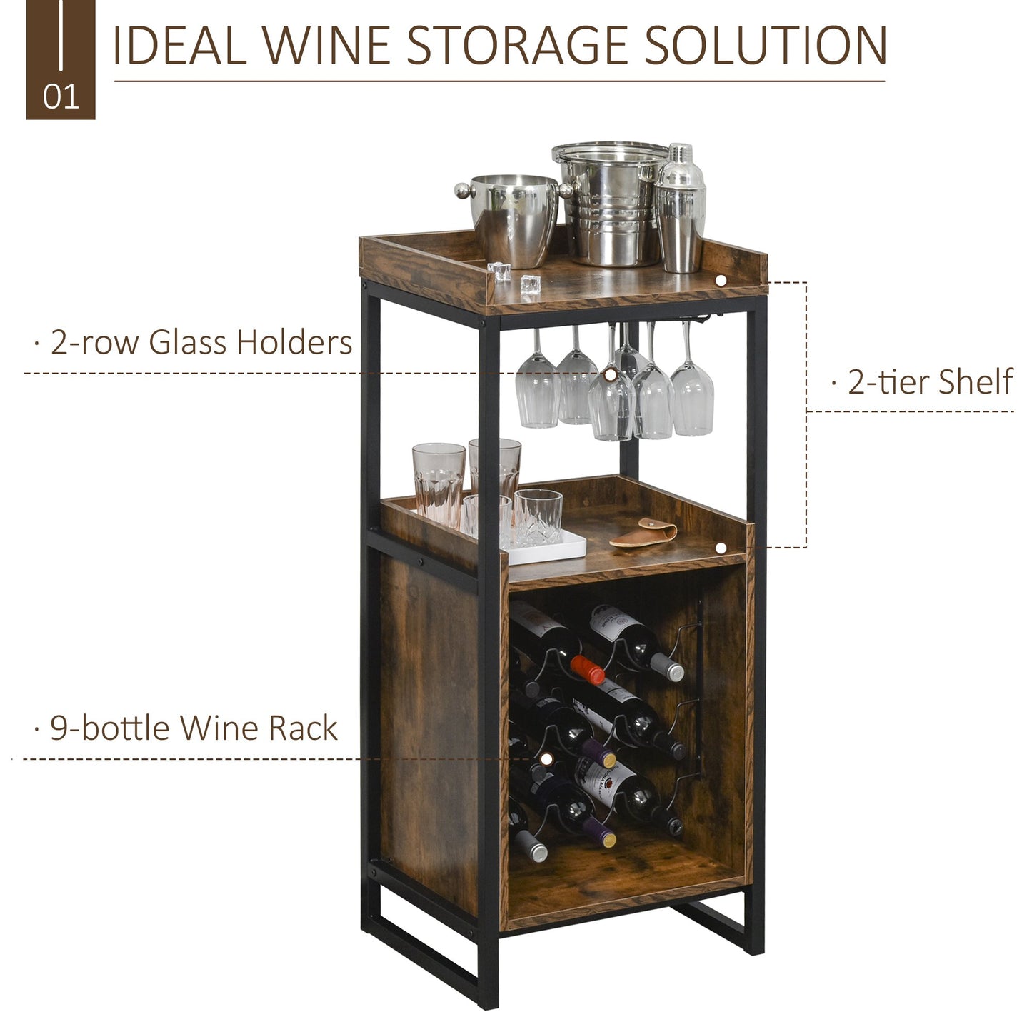 Retro Industrial 9-bottle Wine Rack Storage Cabinet Serving Bar Wood Buffet with Glass Holders