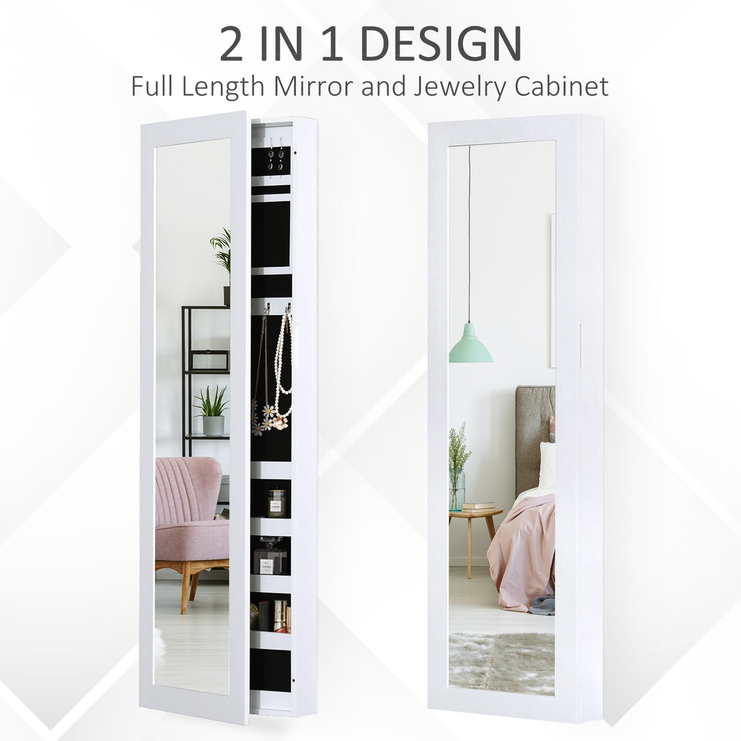 Jewelry Cabinet with Full Length Mirror, Wall Mounted Jewelry Armoire Storage Organizer, White