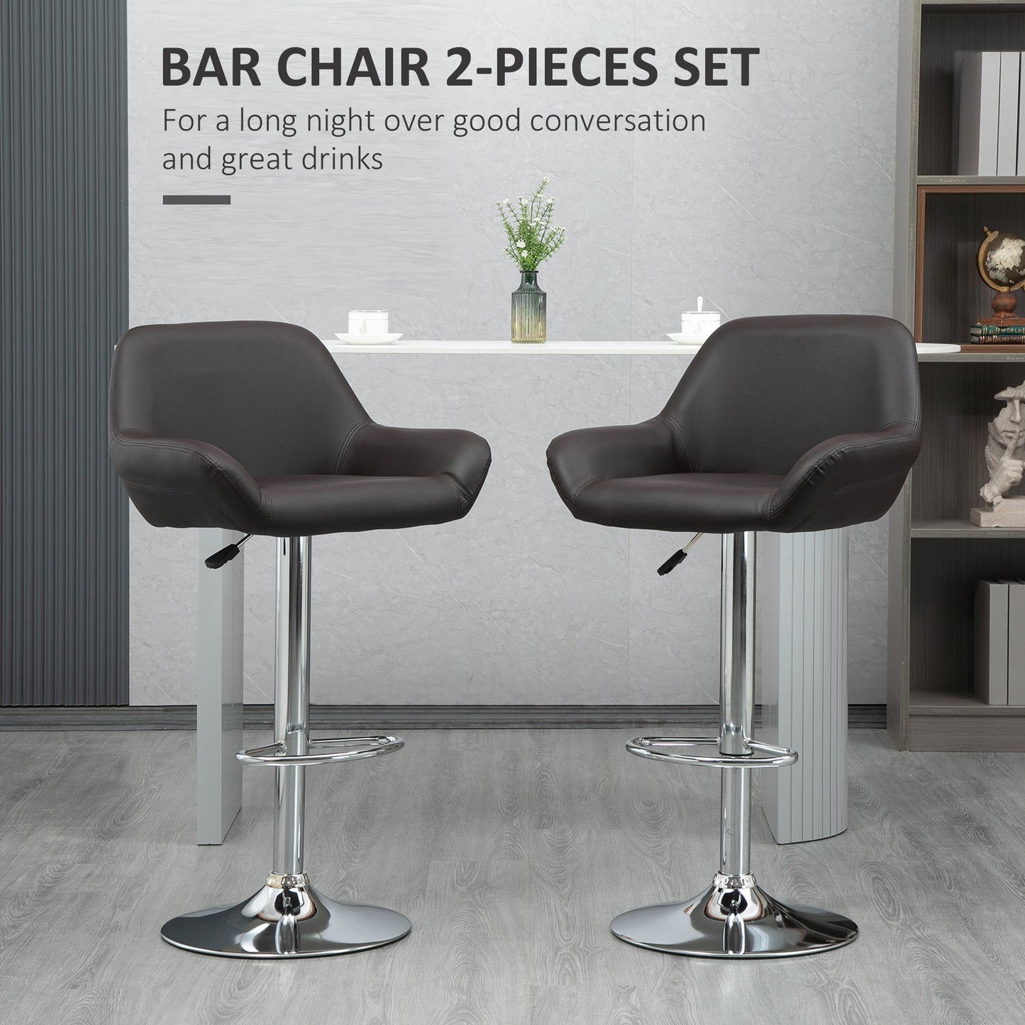 Modern Bar Stools Set of 2, PU Leather Tall Kitchen Stools, Swivel Bar Chairs with Steel Base, Footrest and Adjustable Height, Espresso