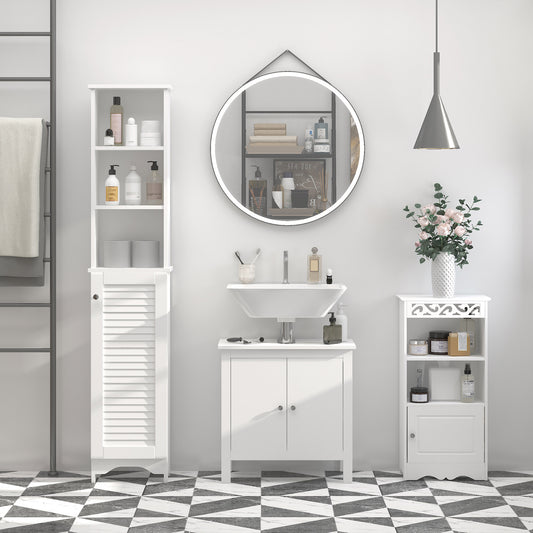 Tall Bathroom Storage Cabinet, Freestanding Linen Tower with 3-Tier Open Adjustable Shelf and Cupboard, White