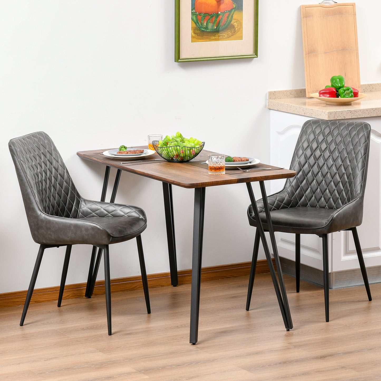 Retro Dining Chair Set of 2, PU Leather Upholstered Side Chairs for Kitchen Living Room with Metal Legs, Gray