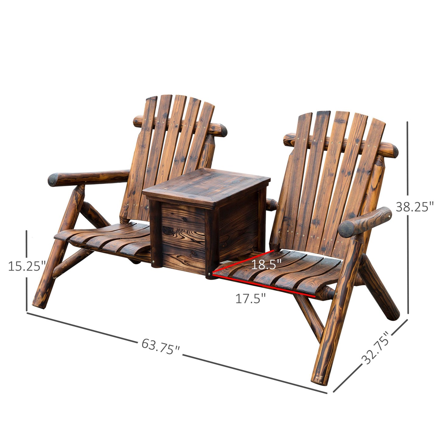 Outsunny 64" Wooden Double Garden Bench, 2-Seater Adirondack Loveseat with Ice Bucket for Yard, Lawn, Porch, Patio, Rustic Brown