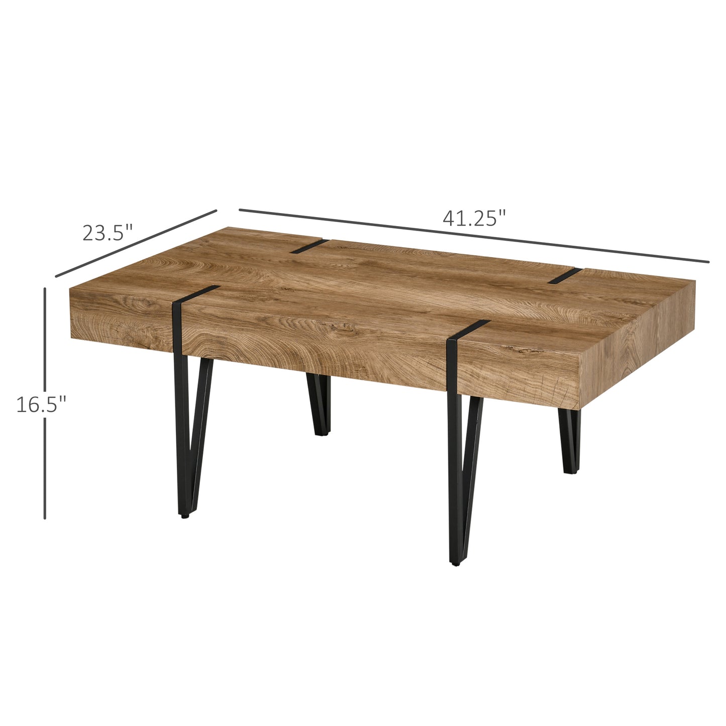 Rustic Coffee Table, Rectangle Nature Cocktail Table with Steel Hairpin Legs for Living Room