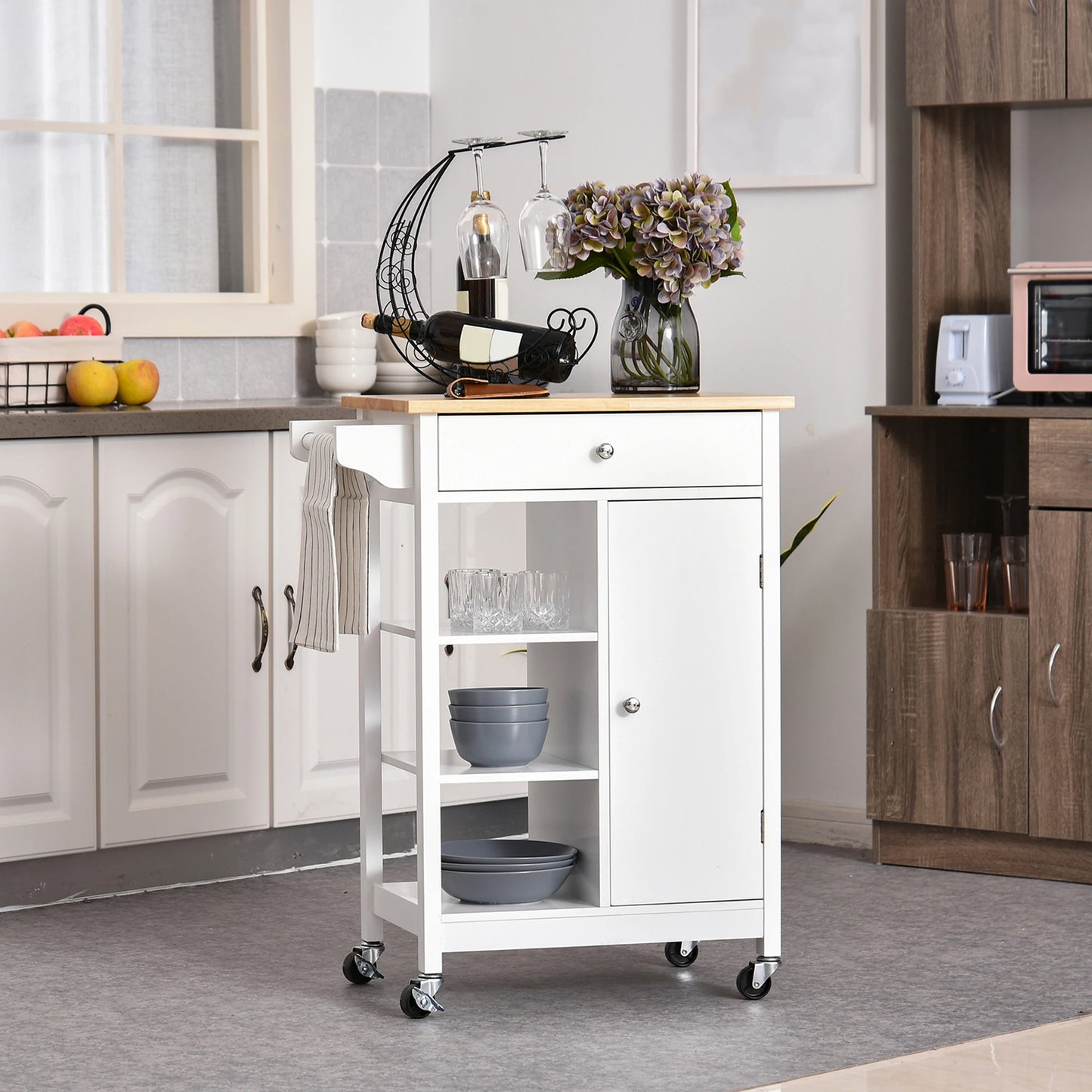 Kitchen Storage Trolley Cart Unit with Wood Top 3 Shelves Cupboard Drawer Rail 4 Wheels Handles Moving Shelf Handy Space saver, White