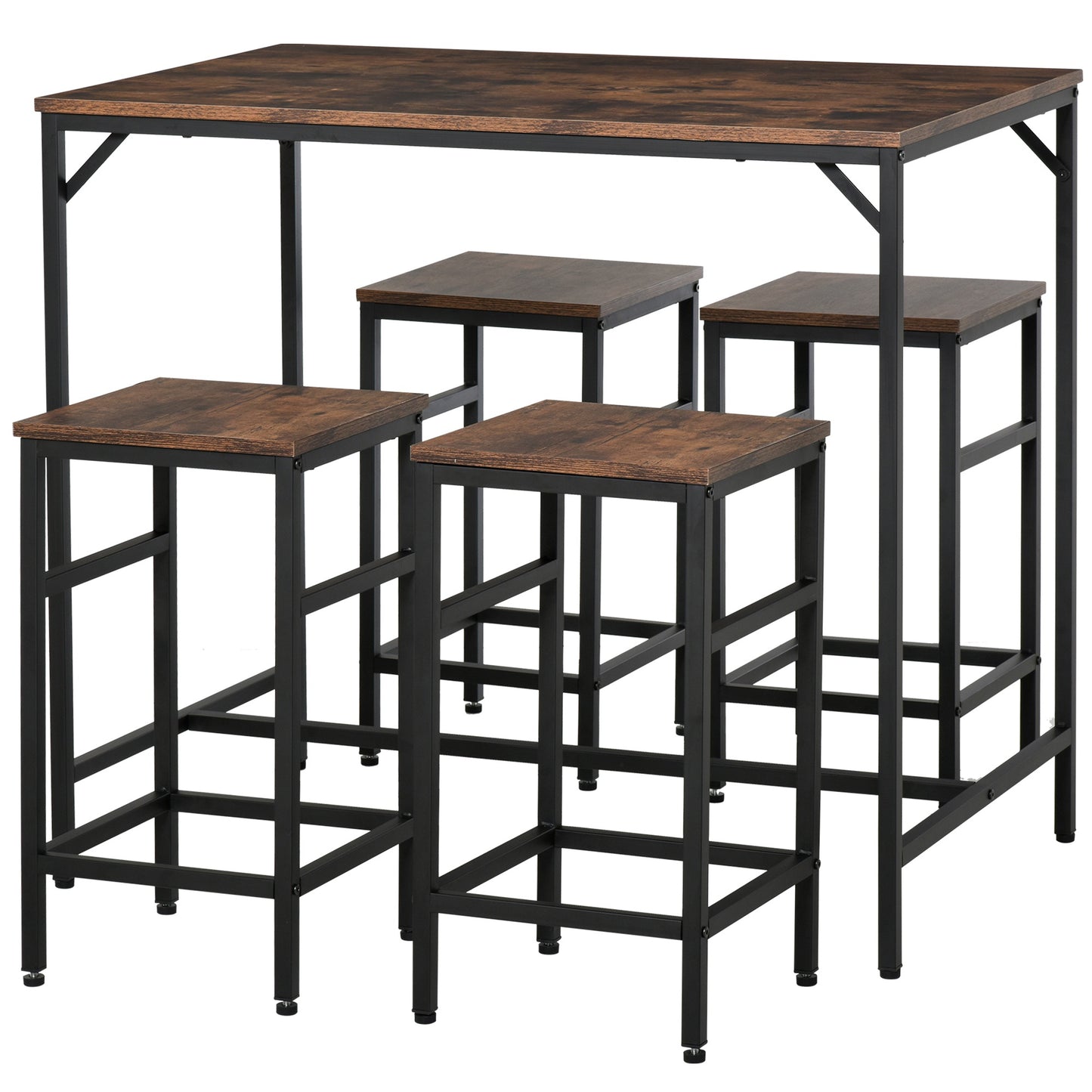 Rectangular Bar Table Set with 4 Stools for Dining Room, Kitchen, Dinette, Black, Rustic Brown