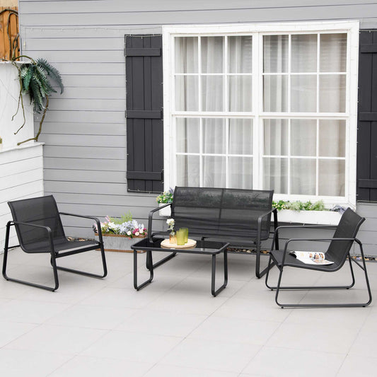 Outsunny 4 PCs Patio Furniture Set with Texteline Seat Outdoor Conversation Set with Loveseat, Center Coffee Table for Garden Backyard Deck, Black