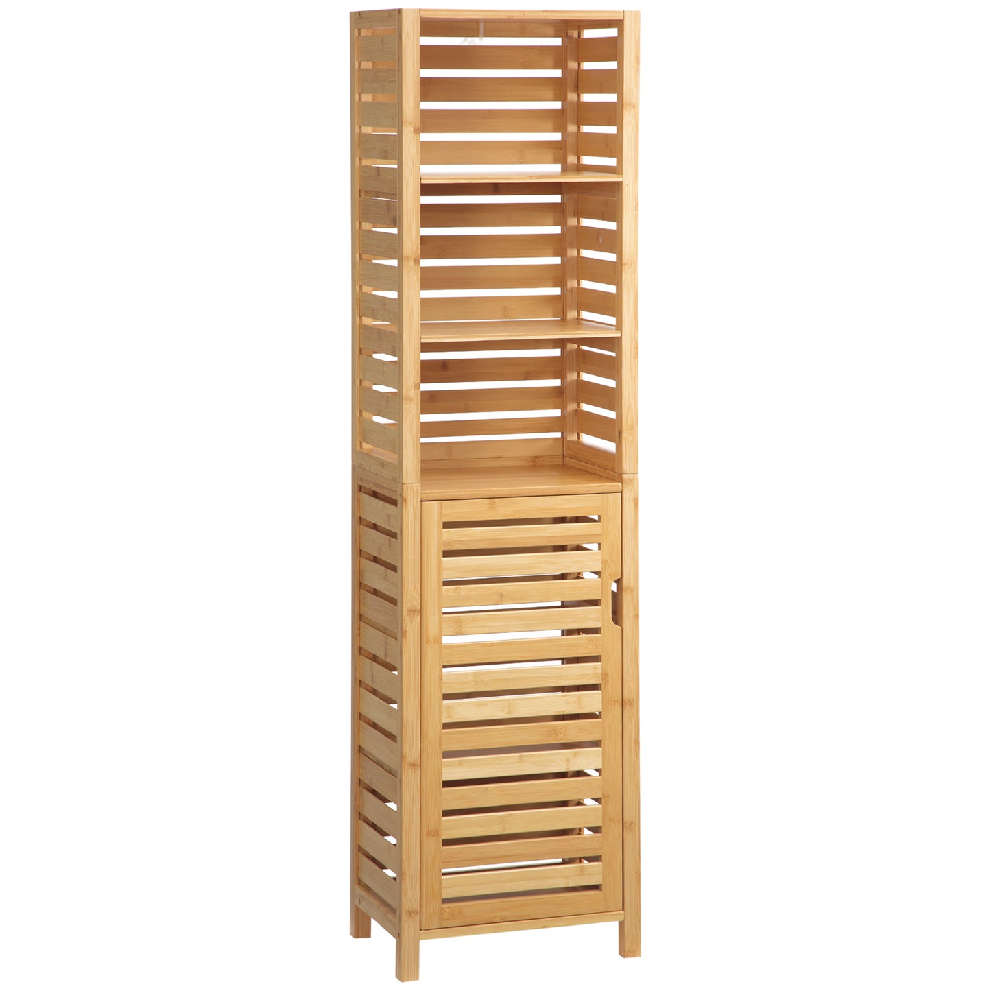 Tall Bathroom Cabinet with 3 Open Shelves, Slim Bamboo Linen Tower Freestanding Linen Towel with Slatted Door, Natural