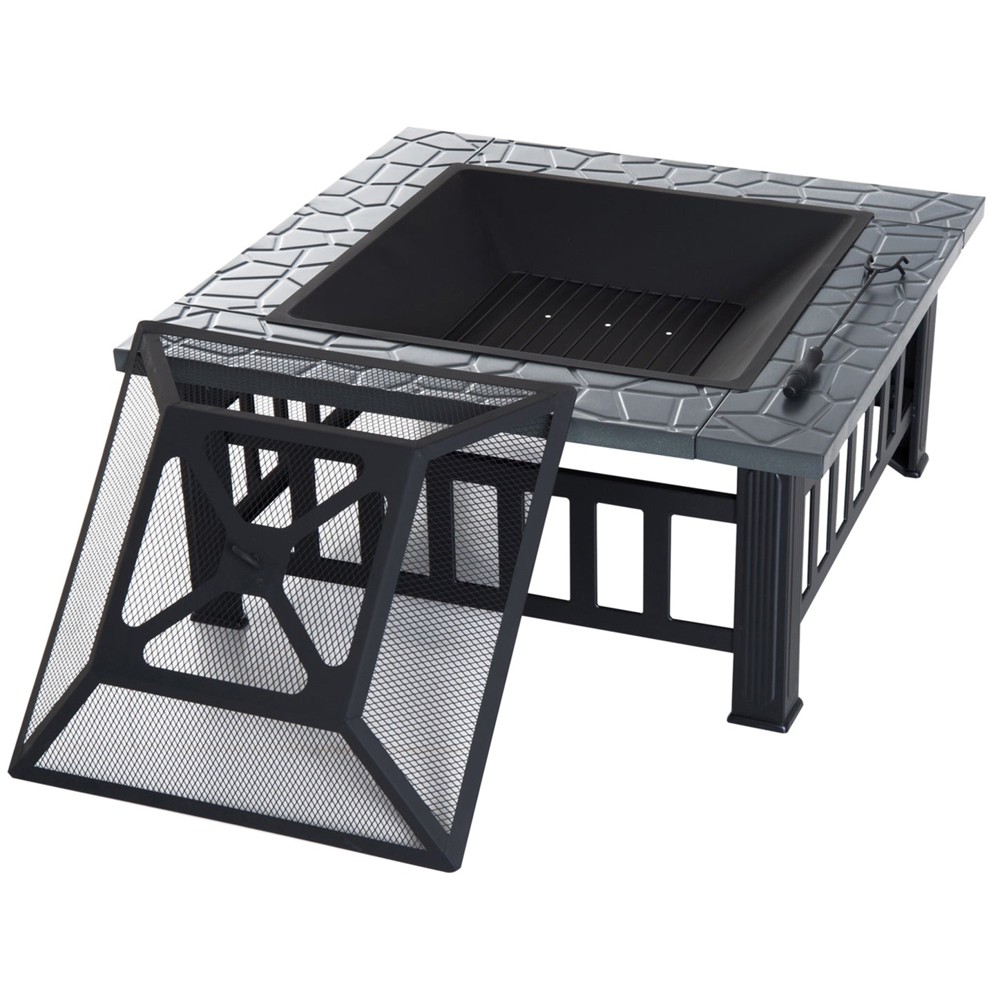 Outsunny 33" Outdoor Square Firepit Steel Stove Portable with Spark Screen Cover Log Grate Poker and Rain Cover for Outside Wood Burning and Camping Black