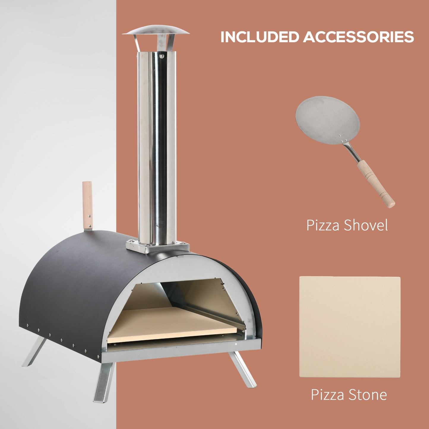 Outsunny Outdoor Portable Pizza Oven Pellet Pizza Maker Grill with Foldable Legs Thermometer Pizza Stone Anti-scald Handles Stainless Steel Body