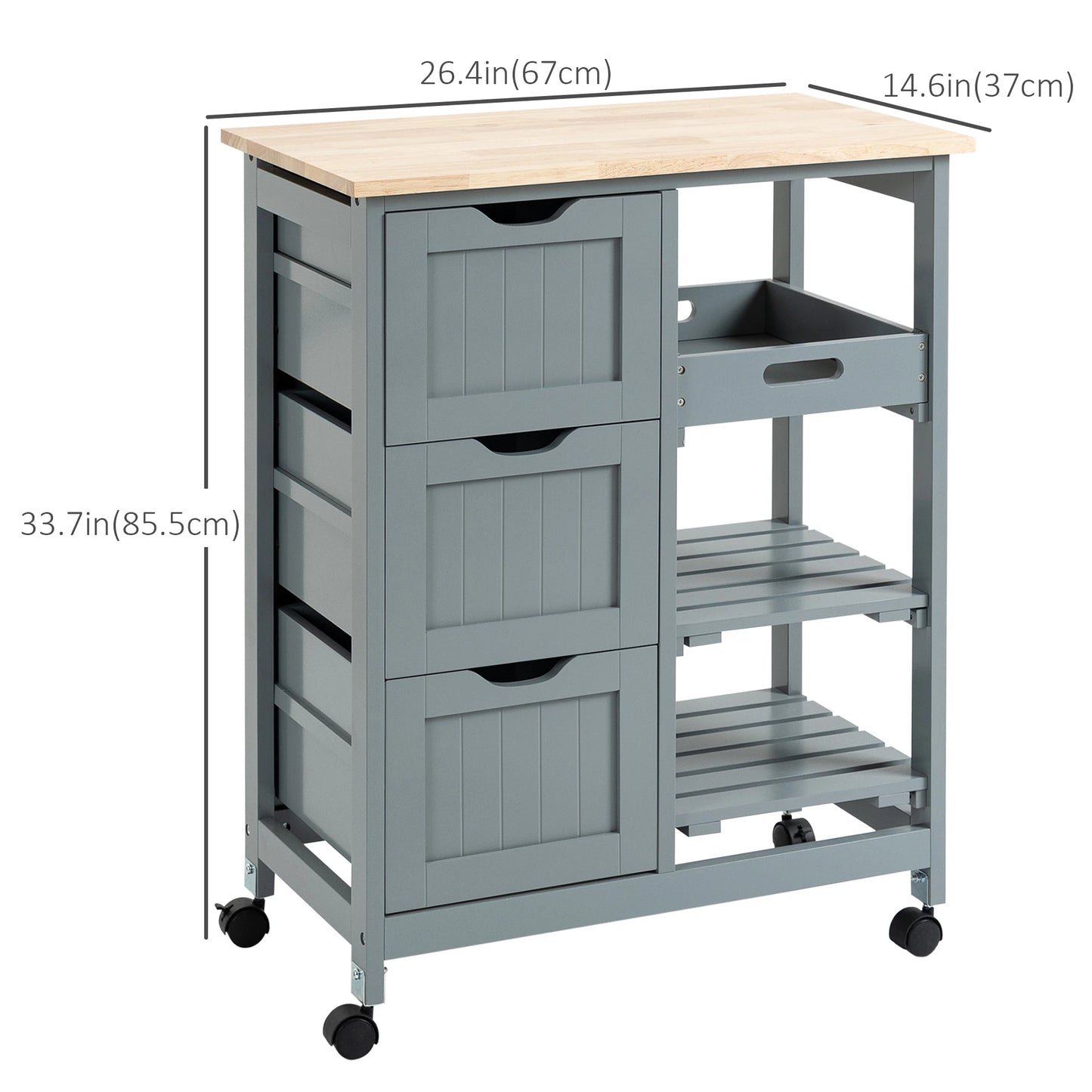 Rolling Kitchen Island Cart, Bar Serving Cart, Compact Trolley on Wheels with Wood Top, Shelves & Drawers for Home Dining Area, Grey