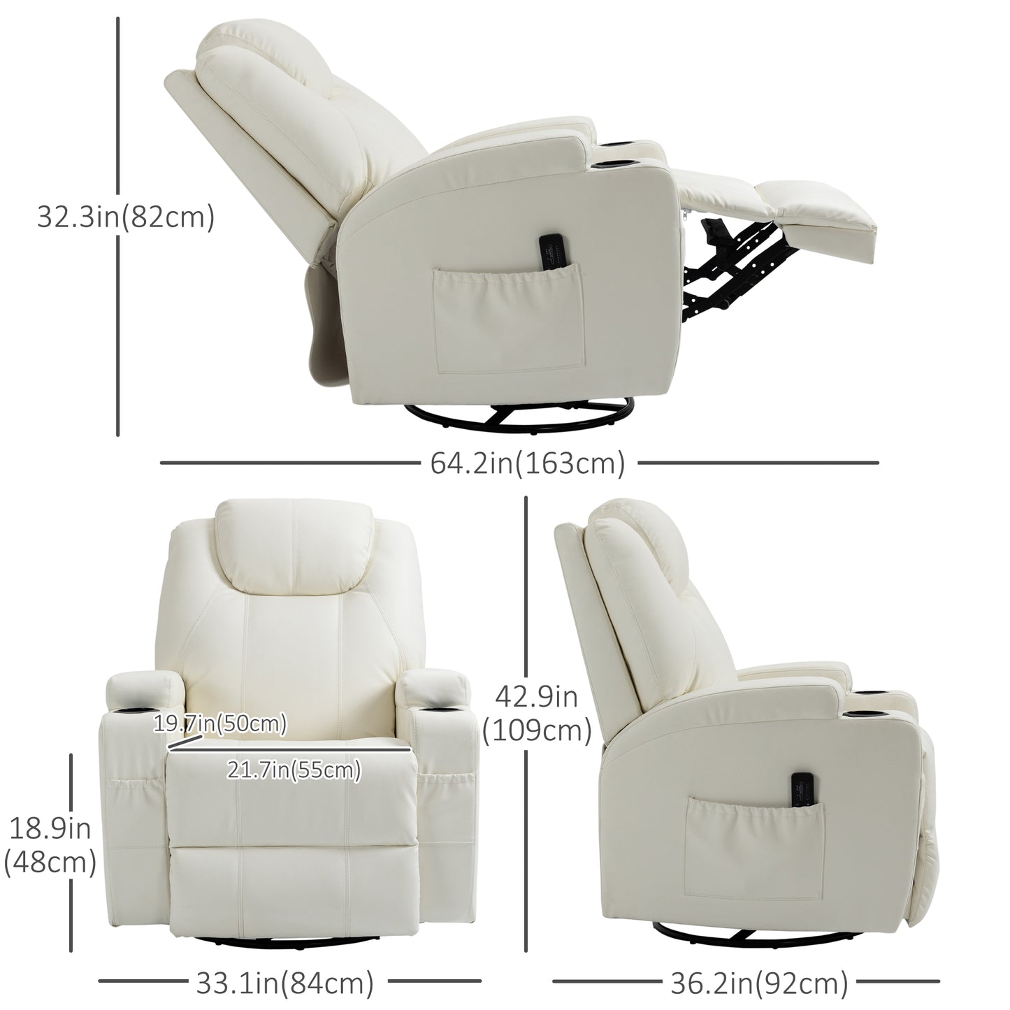 Faux Leather Recliner Chair with Massage, Vibration, Muti-function Padded Sofa Chair with Remote Control, 360 Degree Swivel Seat with Dual Cup Holders, Cream White