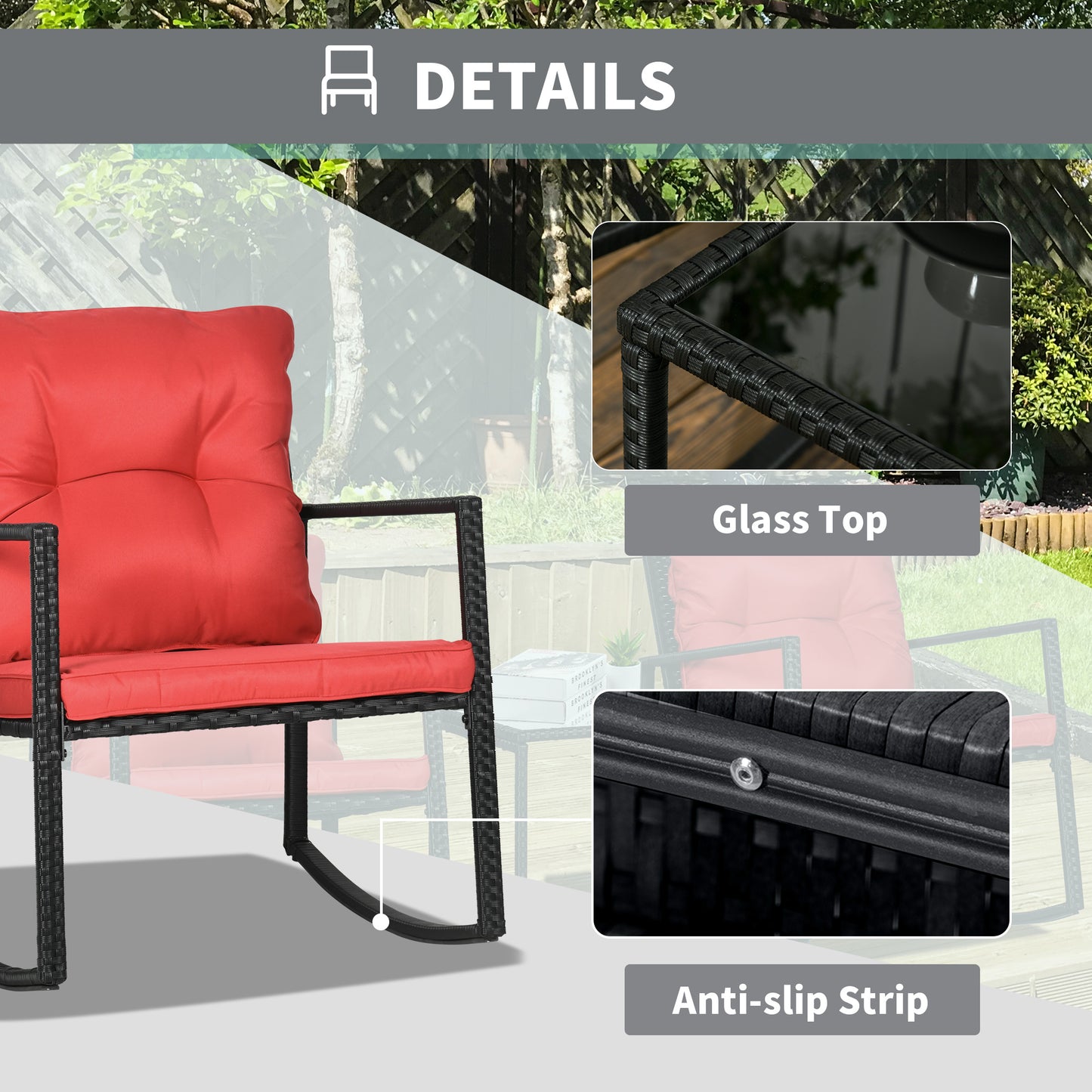 3 Pieces Rocking Bistro Set, Outdoor Wicker Patio Furniture with Glass Coffee Table and Outside Rocking Chairs for Porch, Conversation Sets with Thick Cushions, Red