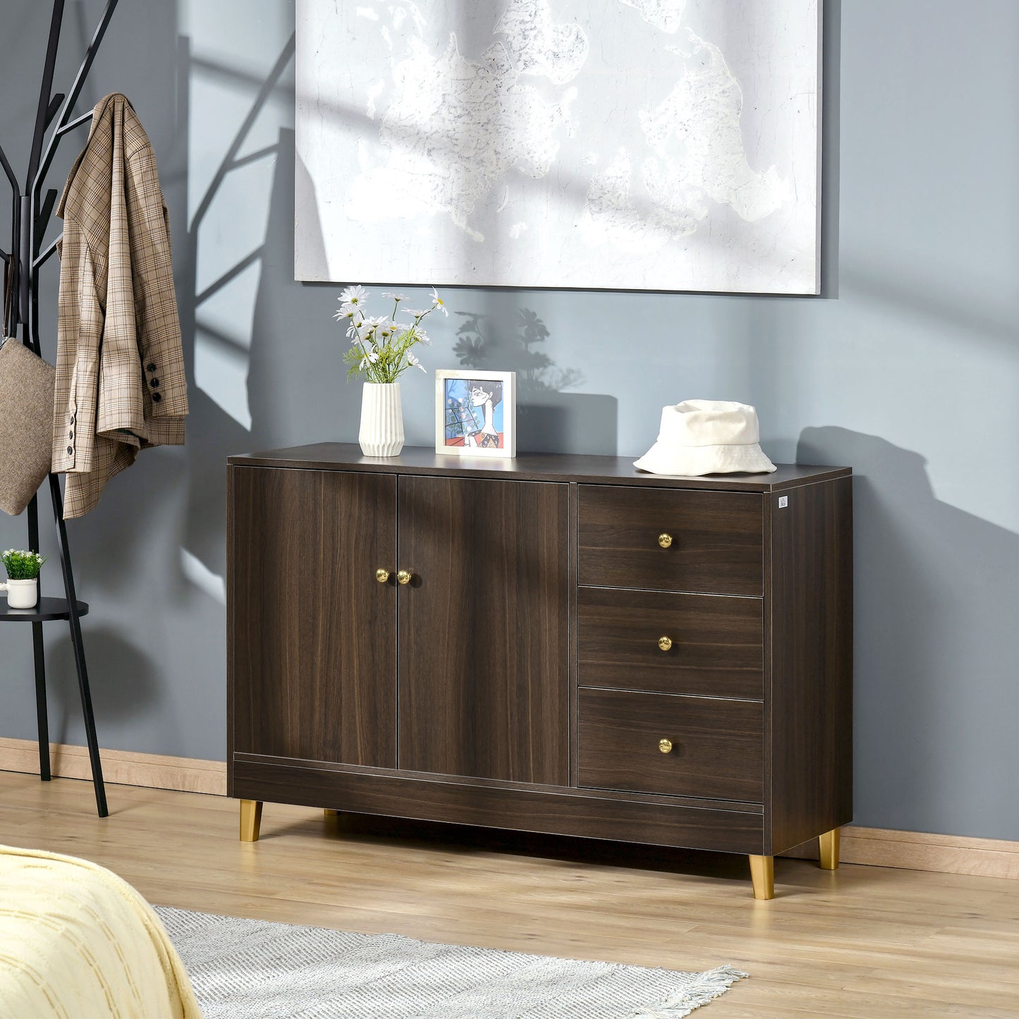 Modern Sideboard, Storage Cabinet, Accent Cupboard with 3 Drawers, Adjustable Shelf for Kitchen, Living Room, Brown