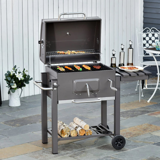 Outsunny Charcoal Grill BBQ Trolley Smoker Camping Picnic Portable Backyard with Side Shelf