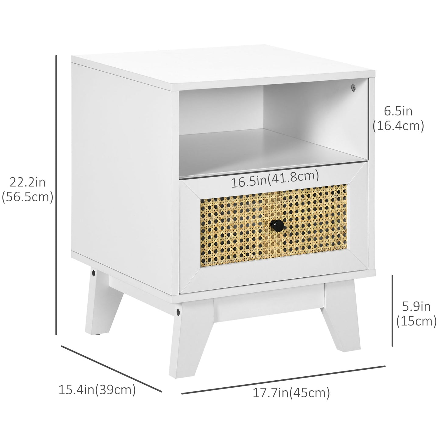 Bedside Table with Rattan Element, Side End Table with Drawer and Shelf, 17.7"x15.4"x22.2", White