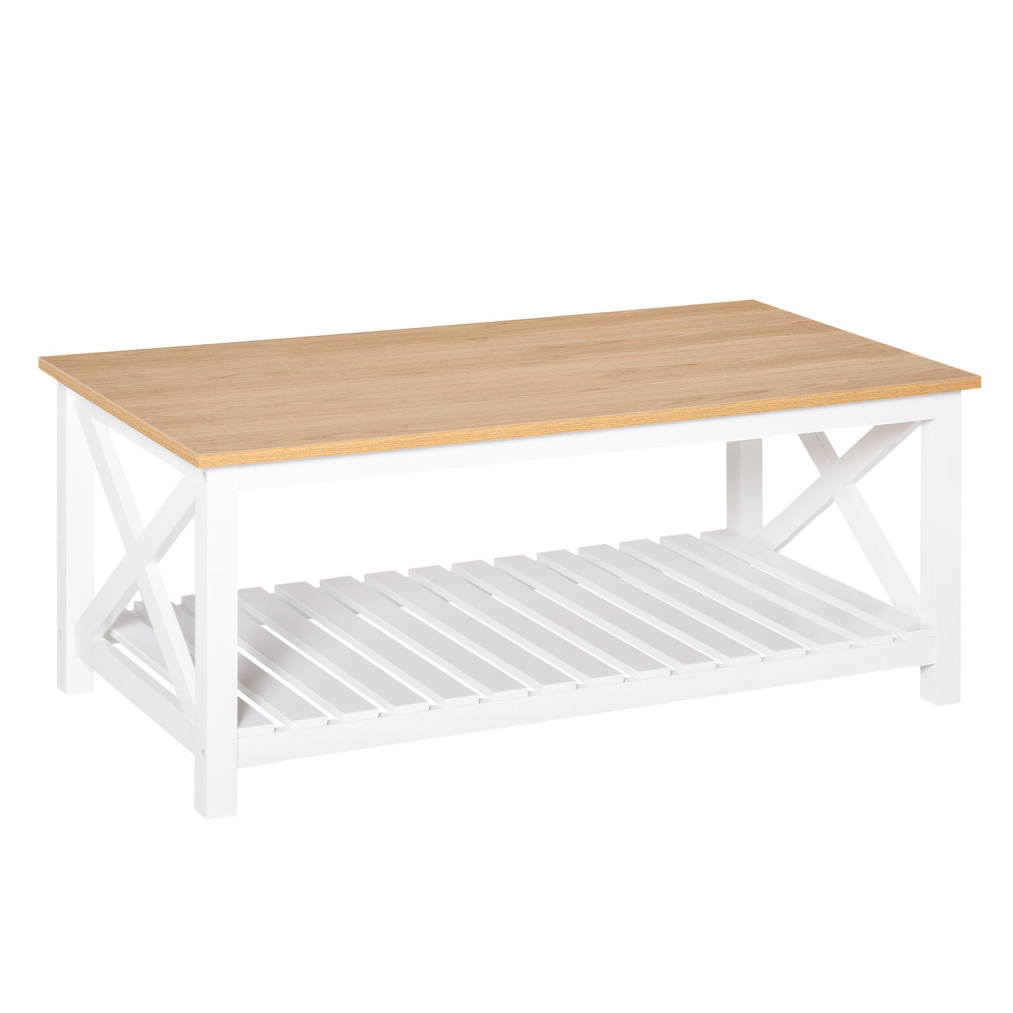 Farmhouse Coffee Table with Slatted Bottom Shelf, Center Table with X Bar Frame for Living Room, White, Natural