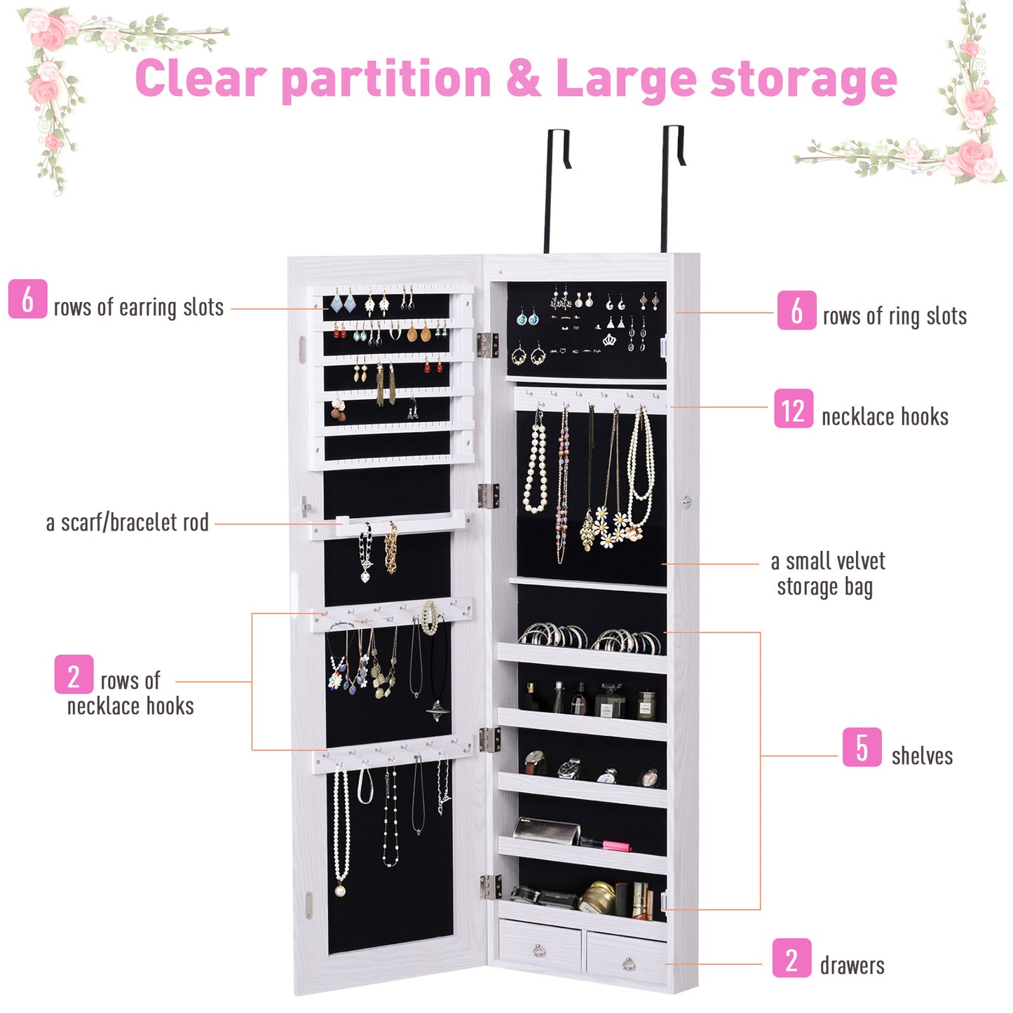 Jewelry Cabinet with LED Lights, Wall Door Mounted Storage Organizer Armoire, Wood Grain Gray