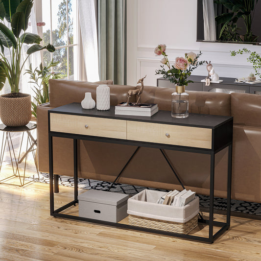 Console Table, Hallway Table with 2 Drawers, Steel Frame Sofa Table for Entrance and Living Room, Black