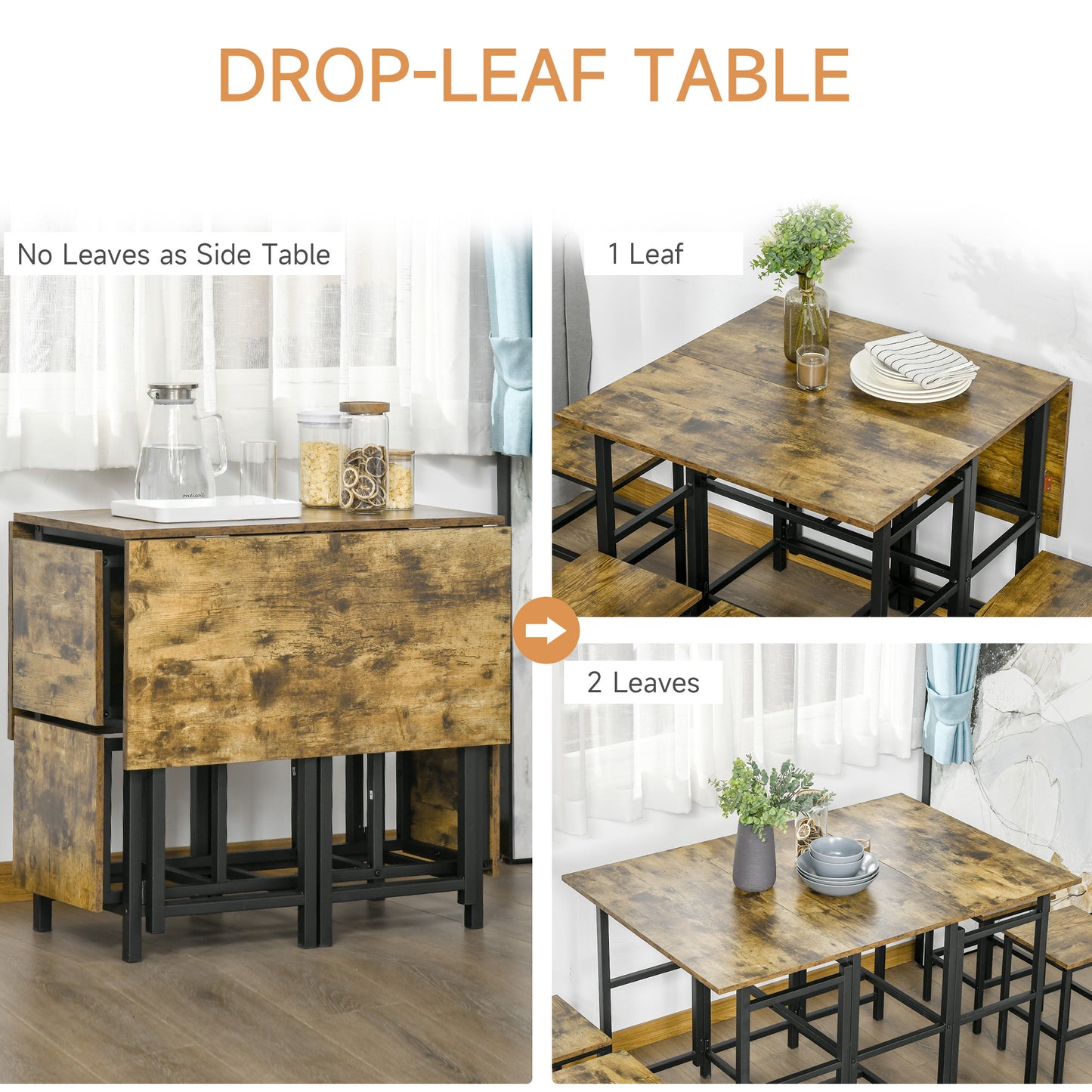 5-Piece Dining Table Set, Drop-Leaf Rectangular Kitchen Table with 4 Chairs for Dining Room, Rustic