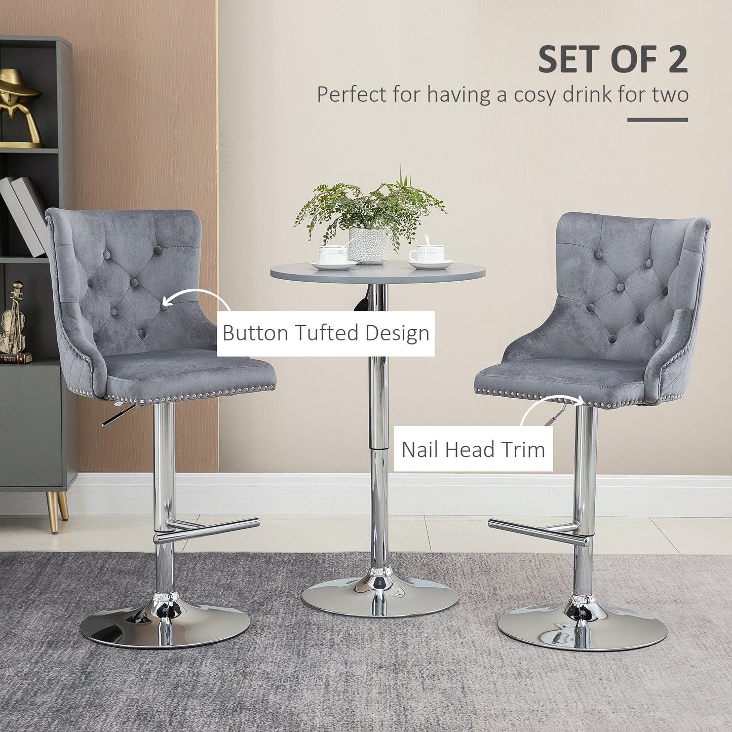 Modern Adjustable Bar Stools Set of 2, Swivel Velvet Barstools with Button Tufted Back, Footrest, Nailhead Trim for Home Bar, Grey