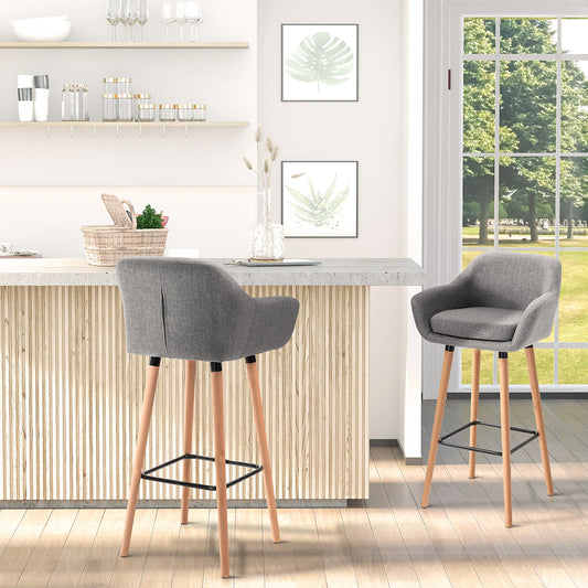 Modern Upholstered Fabric Seat Bar Stools Chairs Set of 2 with Metal Frame, Solid Wood Legs Living Room Dining Room Furniture Grey