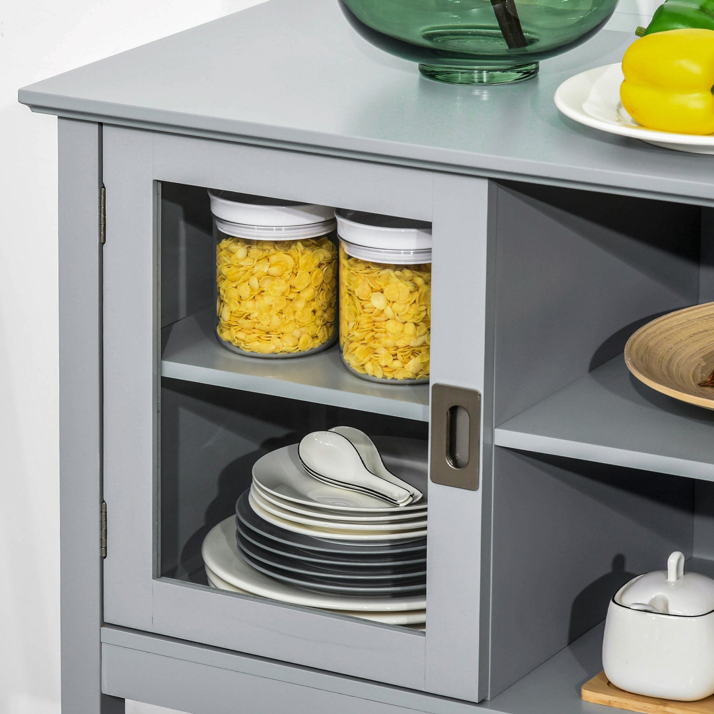 Modern Sideboard Accent Console Table Buffet with Glass Doors & Storage Shelf, Grey