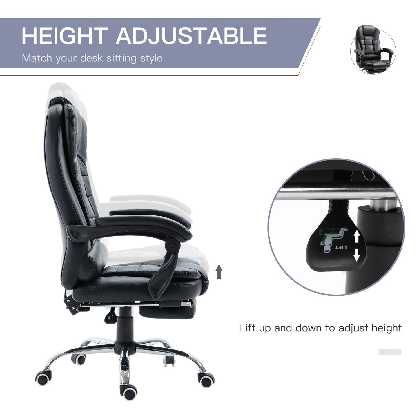 Ergonomic Executive Office Chair High Back PU Leather Reclining Chair with Retractable Footrest Lumbar Support Padded Headrest Armrest Black