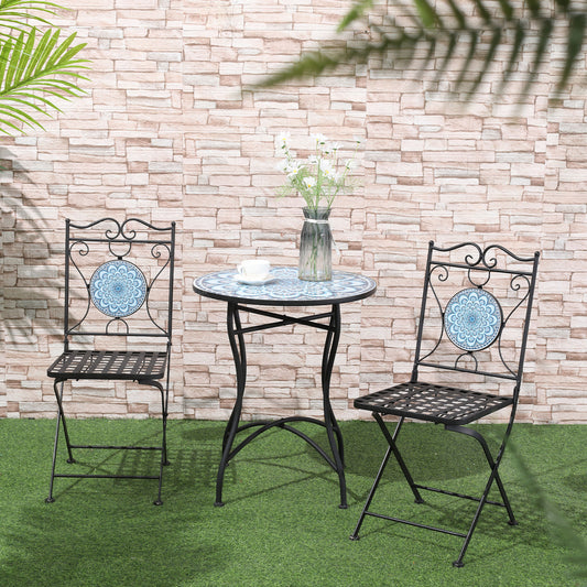 Outsunny 3-Piece Outdoor Bistro Set Garden Coffee Table Set with Mosaic Top for Patio, Balcony, Poolside, Blue