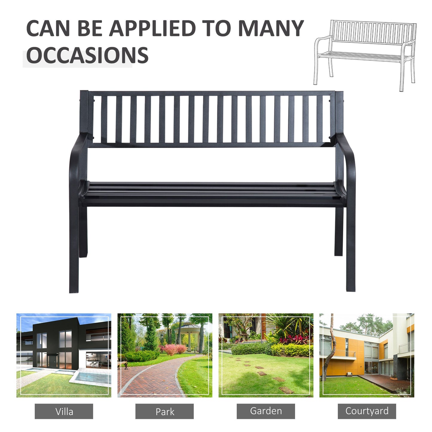 Outsunny 50" Steel Garden Bench Patio Metal Backyard Park Chair Outdoor Seat Furniture Black