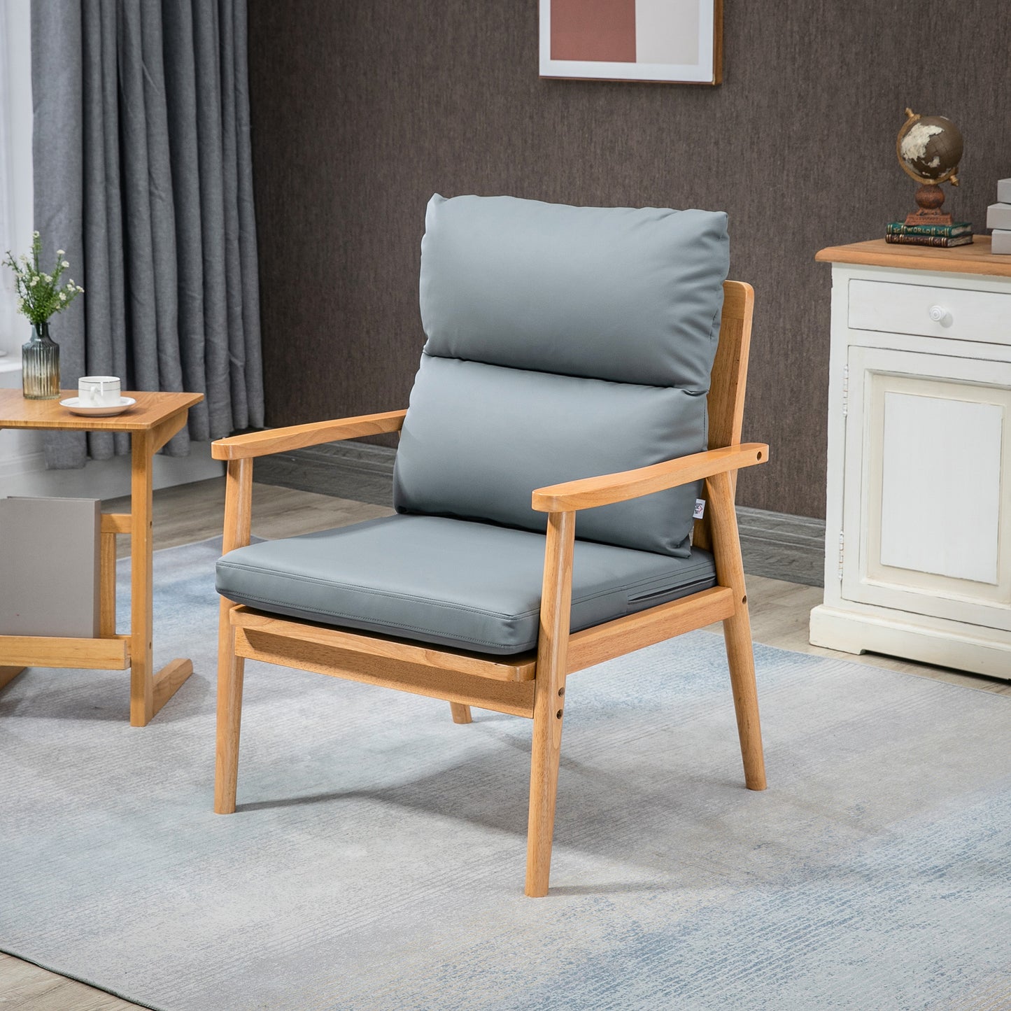 Armchair with Removable Seat and Back Cushion for Bedroom Living Room Chair with Faux Leather and Wood Legs Grey